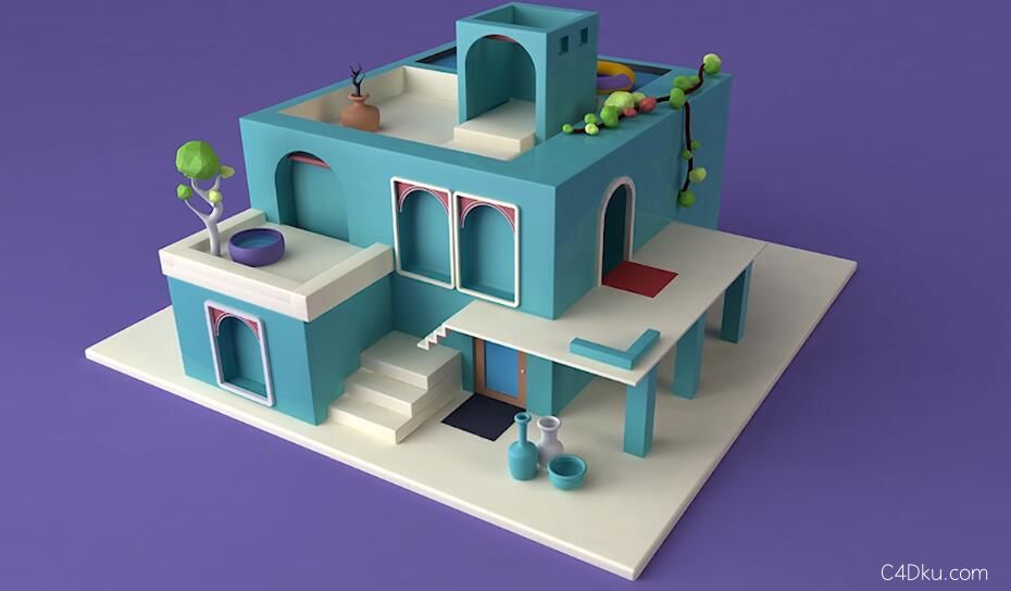 c4d低边形积木房子建模及渲染中文教程3d资源下载-c4d库