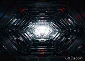 C4D六边形科幻机械隧道空间动画