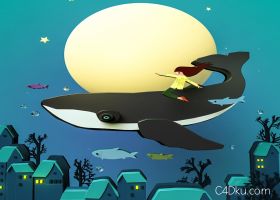 C4D创意卡通人鲸鱼月亮房子插画场景