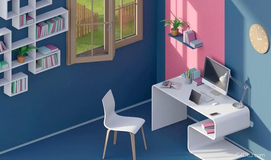 c4d三维等距卡通书房3d资源下载-c4d库