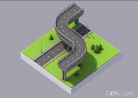 建筑模拟型城市交通街道和桥梁场景C4D学习素材