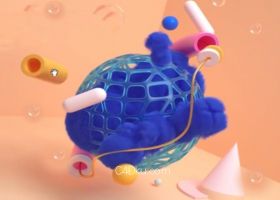 C4D制作静物镂空几何体塑料圆球冒发烟雾场景