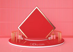 C4D红色喜庆立方块空间展示台背景金属材质网格护栏