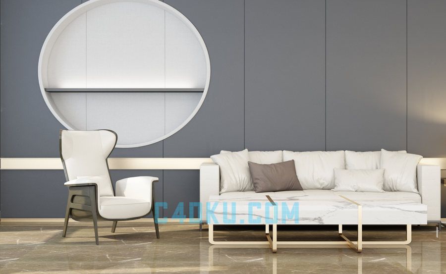 3DMAX制作现代客厅布艺沙发大理石石纹茶几地板背景墙壁白色沙发椅子