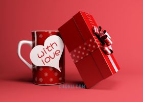 爱心告白卡纸浪漫七夕节雪花点红玫瑰丝带情人陶瓷杯礼物盒MAX模型