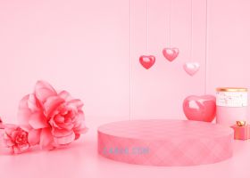 C4D粉红系列浪漫七夕节玫瑰花爱心立柱圆型展台情人温馨卡通礼物盒