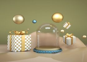 C4D建模马赛克方块装饰地面悬浮礼物盒元素玻璃瓶子圆球三维山脉