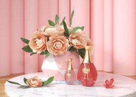 玫瑰几何仿真花瓶插花绿叶子粉红色玻璃香水洗发水红水晶窗帘C4D工程