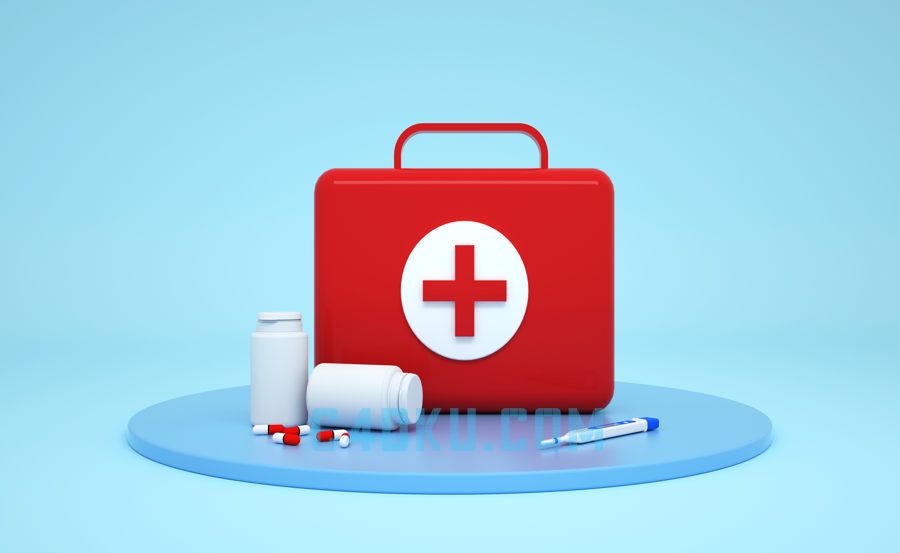 红色十字架医疗物品手提箱子医用温度测量器红白颗粒药丸瓶c4dobj模型