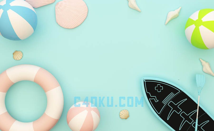 3DSMAX粉白足球贝壳黑蓝冲浪滑船浅蓝色背景板漫夏日卡通物品海边模型3D 