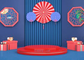 八卦状中国风窗户中秋节日活动背景红圆扇红舞台3D礼物盒子花瓣纹丝
