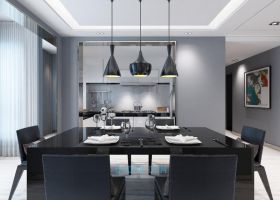 现代餐厅效果图吊顶灯玻璃酒杯毛巾黑色系列桌子椅子筷子厨房MAX模型