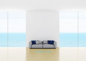 小清新舒适简约风格休闲海景房室内沙发玻璃窗木纹地板海水MAX模型
