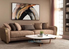 欧式客厅场景抽象艺术画暖色系列沙发抱枕盆栽书架书籍茶几MAX工程