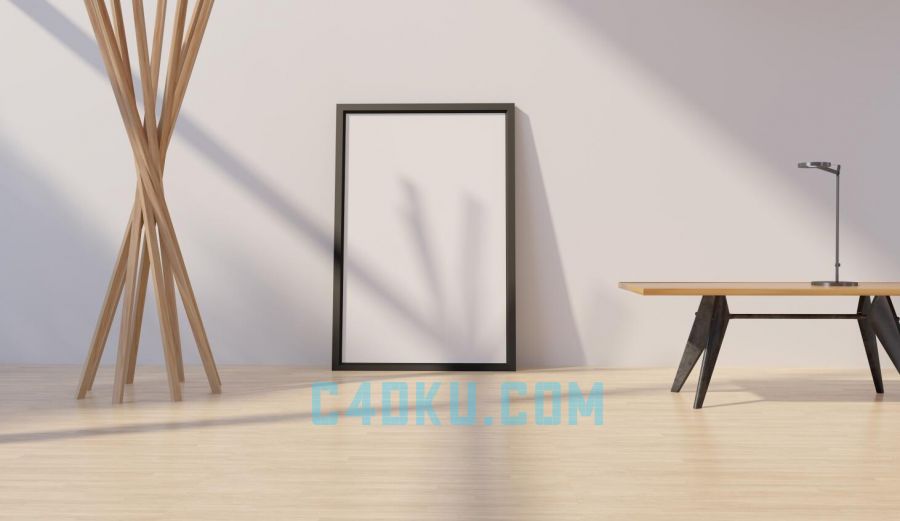 CINEMA4D建模制作三维简约白色艺术实木制画框海报样机台灯茶几桌子
