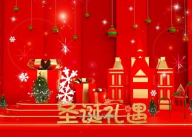红色喜庆圣诞节礼遇彩色铃铛圣诞树紫色礼物盒雪花CINEMA4D三维模型