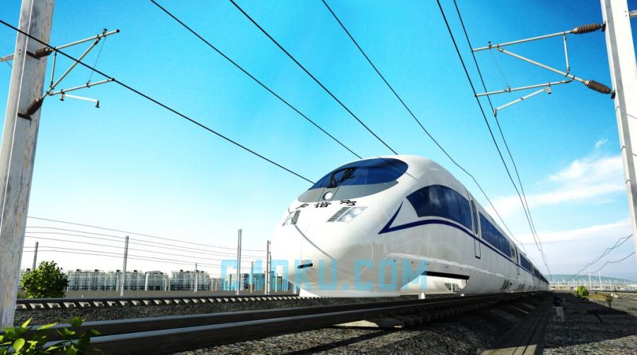 3dsmax2017建模三维立体铁路电线杆行驶中的高铁石头蓝天白云3d模型