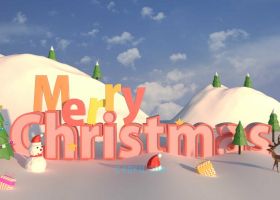 C4D制作三维低面体圣诞快乐雪景MerryChristmas鹿红色帽子树木礼物盒