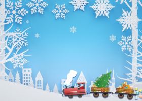 C4D建模剪纸圣诞节冬天树木圣诞节送礼物车Christmas节日雪花飘飞工程