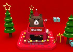 C4D制作三维红色圣诞快乐卡通树木Christmas五角星礼物盒彩色3D灯条