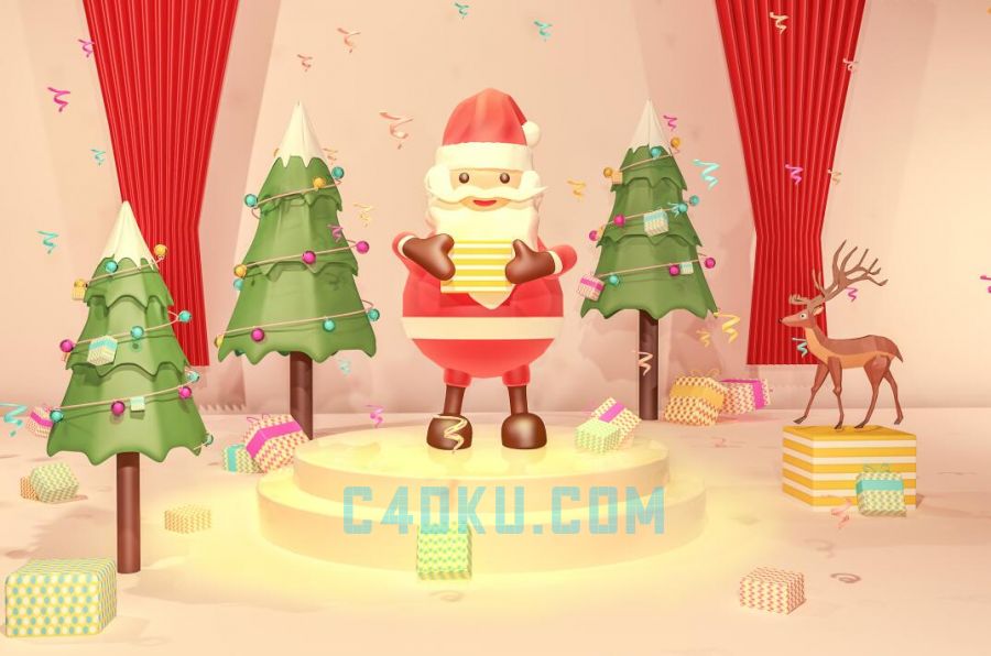 C4D制作三维卡通圣诞老人送礼彩色礼物盒子装饰圣诞树Christmas节日