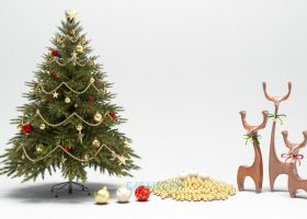 圣诞木制鹿树木五角星温馨圣诞节日卡通彩色球体3D铃铛装饰MAX模型