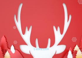 C4D制作三维立体卡通鹿头圣诞节剪纸风格雪花背景圣诞树镂空鹿角工程