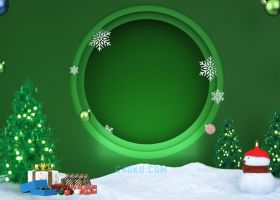 C4D建模三维Christmas绿色圣诞树背景温馨雪花飘落雪人灯泡礼物盒子
