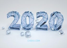 C4D建模鼠年创意几何网格造型文字2020透明玻璃圆球镂空三维艺术字