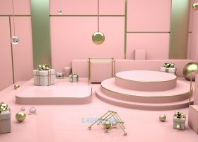 C4D制作三维创意电商粉红色系列背景玻璃圆球商品舞台3D礼物盒模型