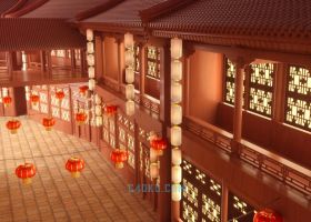 复古风2020新年街道建筑古代中国风格炫彩温馨灯笼三维CINEMA4D模型