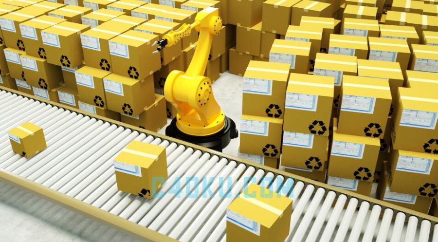 c4d现代智能化物流工厂流水线搬运包装箱360度旋转24小时工作机器手