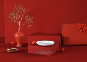 C4D结合Octane插件制作三维立体红色背景花瓶盆产品礼盒包装模型展示
