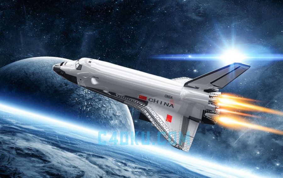 c4d软件与oc渲染插件高科技航天机械飞机遨游太空星空球体火箭模型