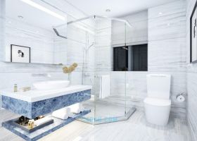 3DSMAX结合V-Ray建模三维简约现代卫生间玻璃门洗手台效果图盆栽花
