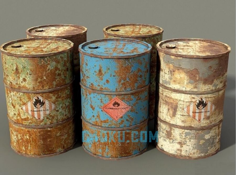 生锈石油桶工业设施游戏场景装饰品油桶多种格式3ds C4d Obj等模型3d资源下载 C4d库