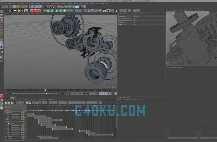 Cinema4D配合AE软件三维立体3D科幻齿轮器械旋转动画场景建模教程