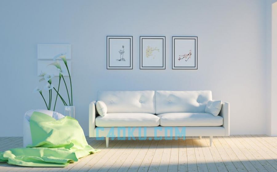 cinema4d建模三维室内清新立体家居简约风格墙画木制地板绿色盆栽花