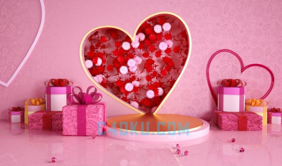 C4D建模三维礼带彩色唯美情人节立体正方形礼物盒爱心形花朵3D工程