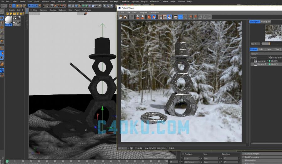 CINEMA4D与OC渲染器插件建模三维立体雪地里的金属螺丝帽雪人教程