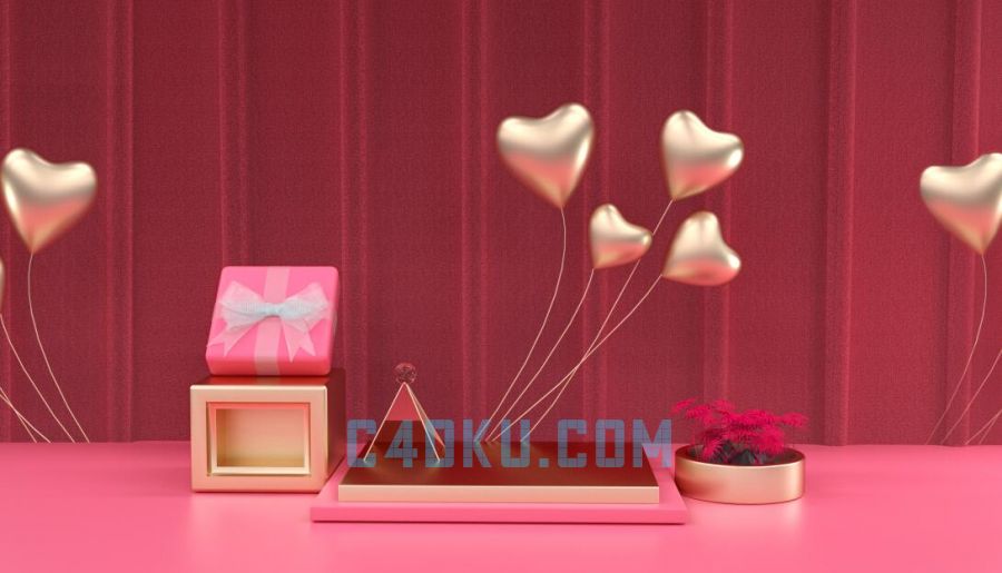 CINEMA4DR18建模三维情人节日立体场景彩色气球礼物盒花朵盆栽模型