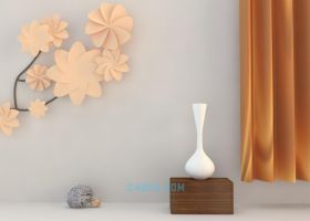 C4D建模三维立体白色陶瓷木制柜子墙壁花朵花瓶室内装饰物品3D工程