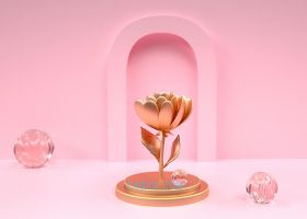 CINEMA4D建模粉红色三维创意简约艺术拱门玻璃球金色玫瑰场景工程