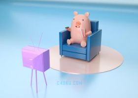 CINEMA4D建模卡通三维3D沙发上彩色快乐呆萌小猪看电视遥控器模型