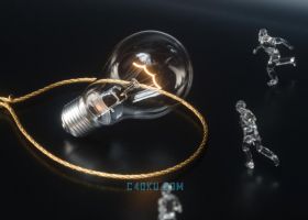 C4D结合Octane建模三维立体3D复古金线条发光灯泡金融玻璃人物工程