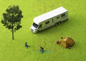 3DSMAX建模三维面包车户外山区绿色草地卡通春游低面体人物3D工程