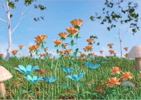 C4D建模三维立体3D温暖的春天野外绿色草地上彩色花朵大蘑菇C4D模型