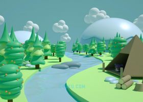 CINEMA4D建模卡通小清新3D低面体三维森林角色小溪流草地3D工程