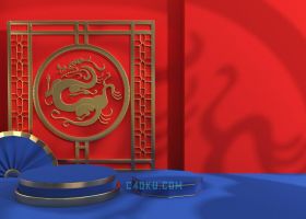 C4D制作三维红色中国风电商背景木板雕刻图案