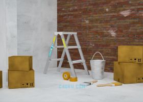 C4D制作人字梯快递纸箱油漆桶建筑室内装修物品